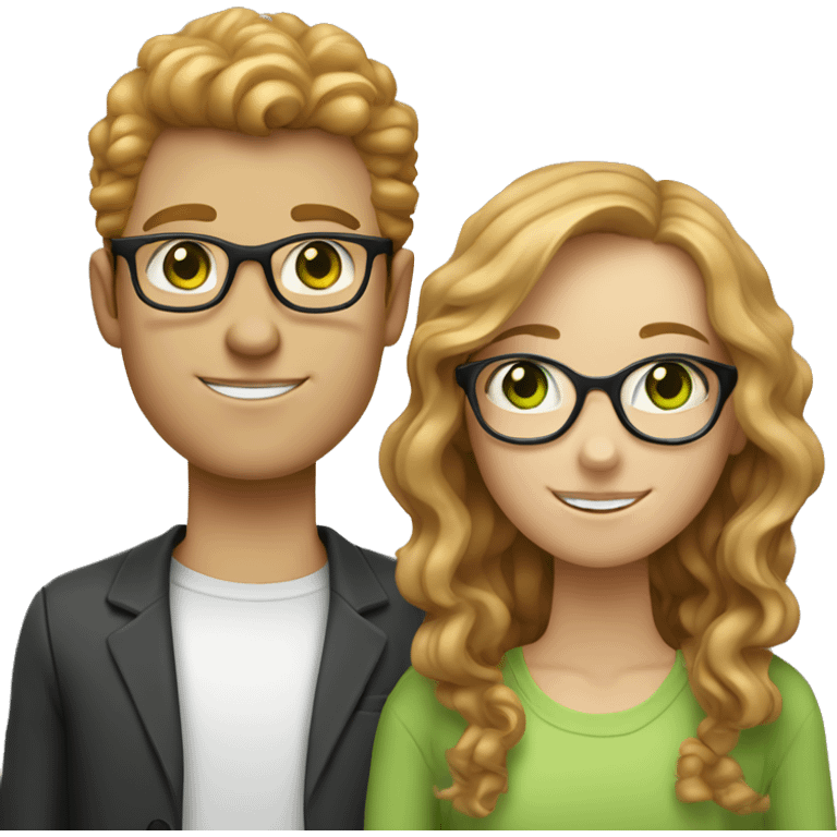 white ginger girl with straight hair and green eyes is with a tan brunette boy that has curly hair green eyes and glasses emoji