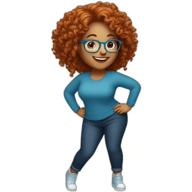 pretty curvy girl with curly copper hair and blue glasses dancing emoji