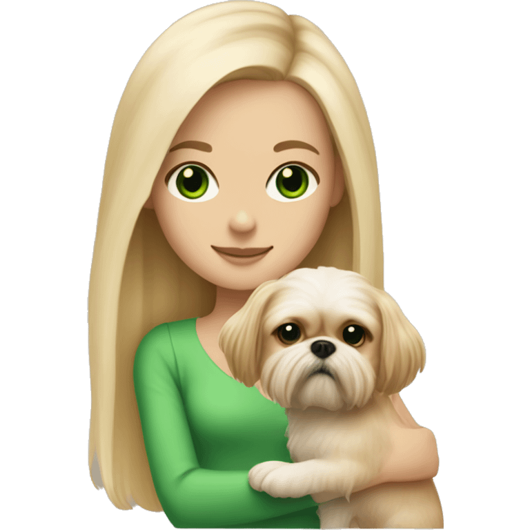 Girl with long blonde hair, freckles, and bright green eyes holding an all beige shih tzu dog  emoji