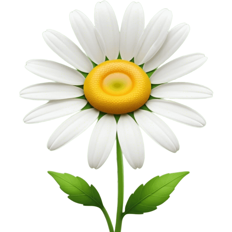 Cinematic Realistic Daisy Emoji, Cheerful and pure, with bright white petals surrounding a sunny yellow center, standing proudly atop a slender green stem. The soft, vibrant petals seem to radiate positivity, while a few green leaves frame the delicate flower. Soft glowing outline, capturing the essence of simplicity, innocence, and happiness in a single daisy. emoji