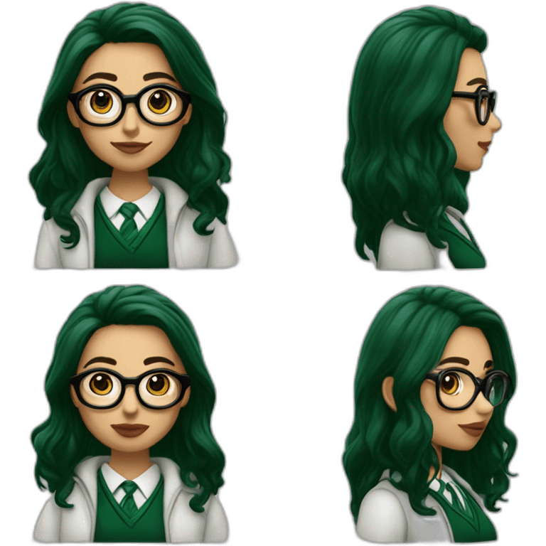 chica blanca con lentes y cabello negro liso y ojos cafés con labios color burdeo de la casa de slytherin emoji