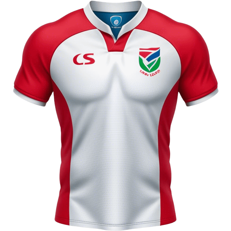 Cinematic Realistic image of a rugby jersey rendered in bold, dynamic team colors with intricately detailed fabric textures and natural creases, illuminated by dramatic stadium lighting emoji