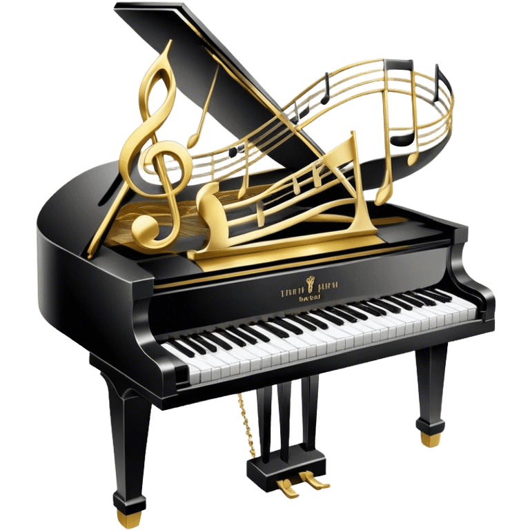 Create an elegant and festive emoji collage representing keyboard instruments, styled like a heraldic emblem. The design should feature a central focal point of black and white piano keys, arranged in a semi-circular or shield-like shape. Around the piano keys, add intertwining musical notes that form flowing ribbons, creating a dynamic and celebratory atmosphere. The design should be professional, with polished silver and gold accents on the keys and notes, highlighting the luxury and sophistication of the instruments. Add subtle shading and lighting effects to give the design a refined, 3D appearance. The background should remain transparent, and the overall feel should evoke grandeur, artistry, and a sense of celebration. emoji