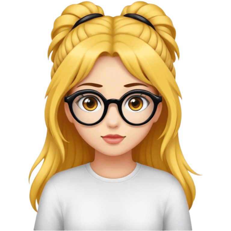 Crea avatar ragazza con capelli lunghi castani, occhi castani, occhiali neri, che ha un'idea emoji