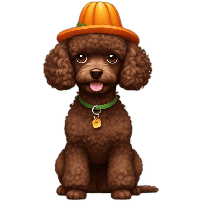 Dark brown toy poodle in pumpkin hat emoji