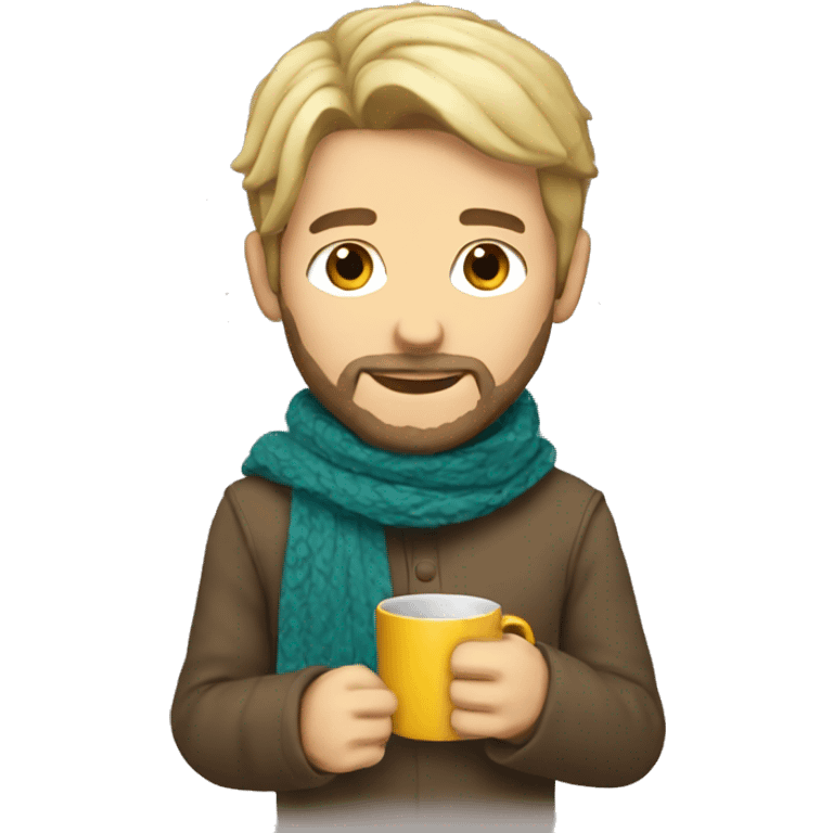 male with blonde brown hair beard with scarf holding mug emoji