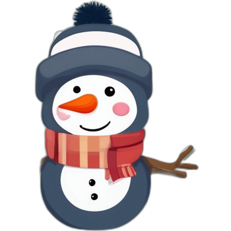 cute female snowman with a laptop holding a coffee mug and wearing a beanie emoji