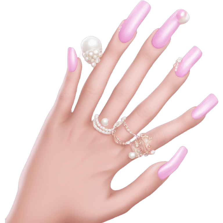 acrylic nails,  pink, pretty pearl ring on hand emoji