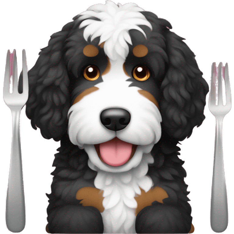 Bernedoodle with fork and knife  emoji