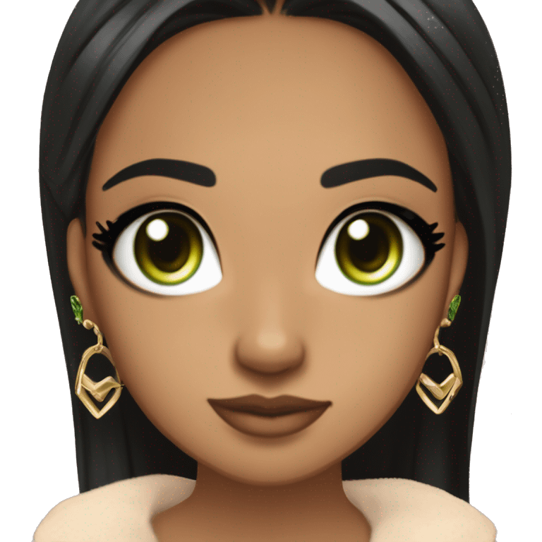 Glamorous, streetwear, black hair, long straight hair, olive skin, green almond eyes, winged eyeliner with big lashes, wearing hooped earrings, rings and bracelets, almond fake nails emoji