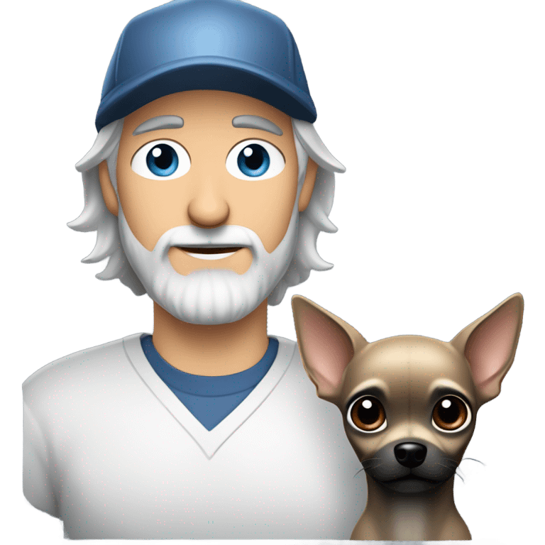 Handsome blue eyed man, with grey hair, and grey goatee beard, wearing ball cap and holding a long haired black chihuahua emoji