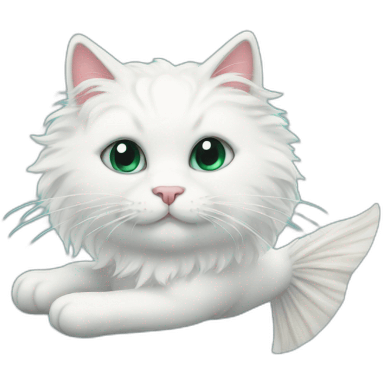 white fluffy cat with mermaid fish tail emoji