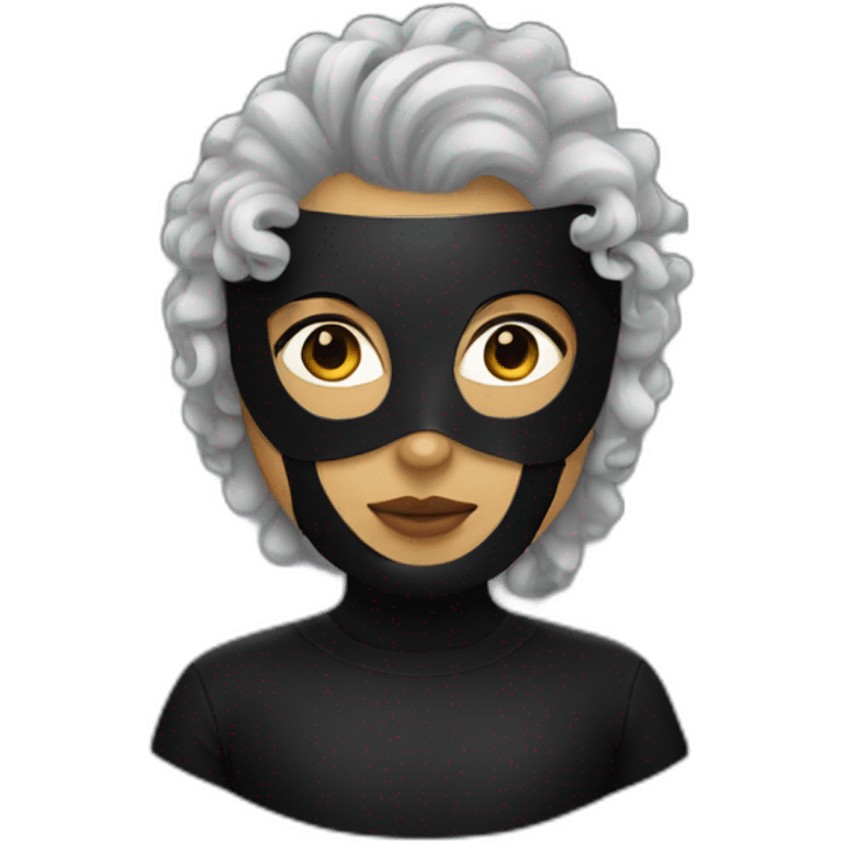 A person wearing a black mask with curly pony hair emoji