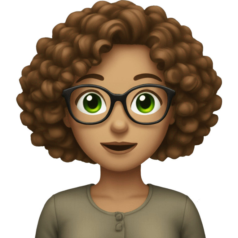 a woman with brown curly hair, green eye, big square glasses. Doing heart with her hand emoji