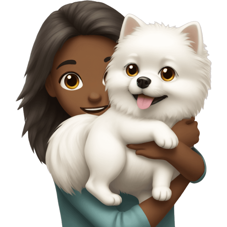 girl hug white Pomeranian emoji