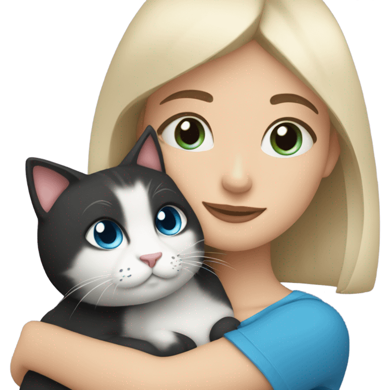 Girl with short black hair and blue eyes cuddling with a cat emoji