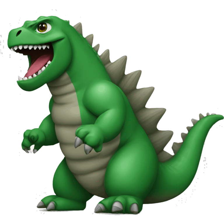 Godzilla wearing a green shirt with the word “brat” emoji