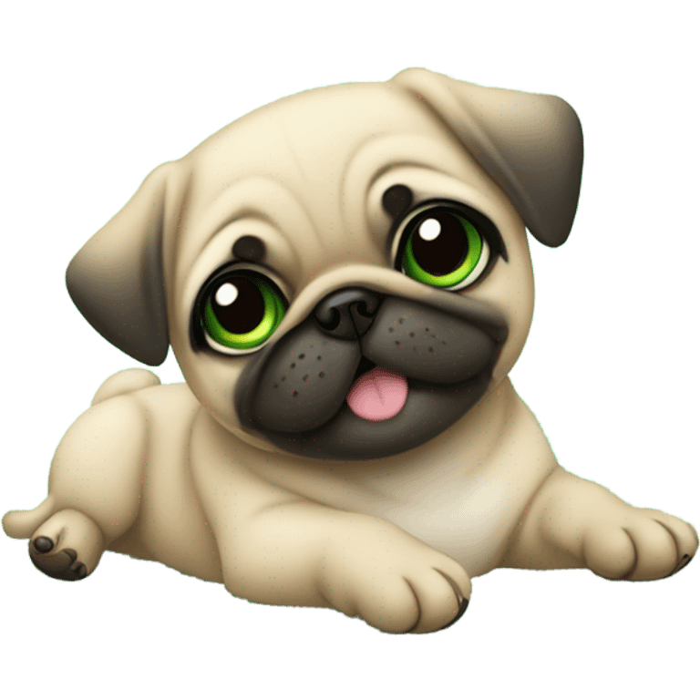 Cute Baby pug with big green eyes happy  lying down  emoji