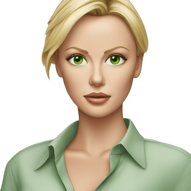 ultra realistic charlize theron green eyes wearing shirt emoji