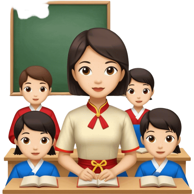 Draw me a female teacher wearing Vietnamese traditional dress teaching elementary school students. emoji