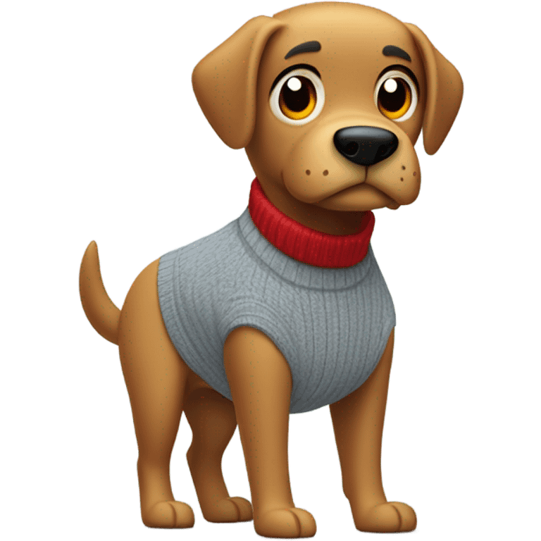 cartoon animal character resembling  a dog with a tan face and a prominent black nose. The character has a confident expression, hands in its pockets, and is dressed in a gray sweater, light blue jeans, and red sneakers. emoji