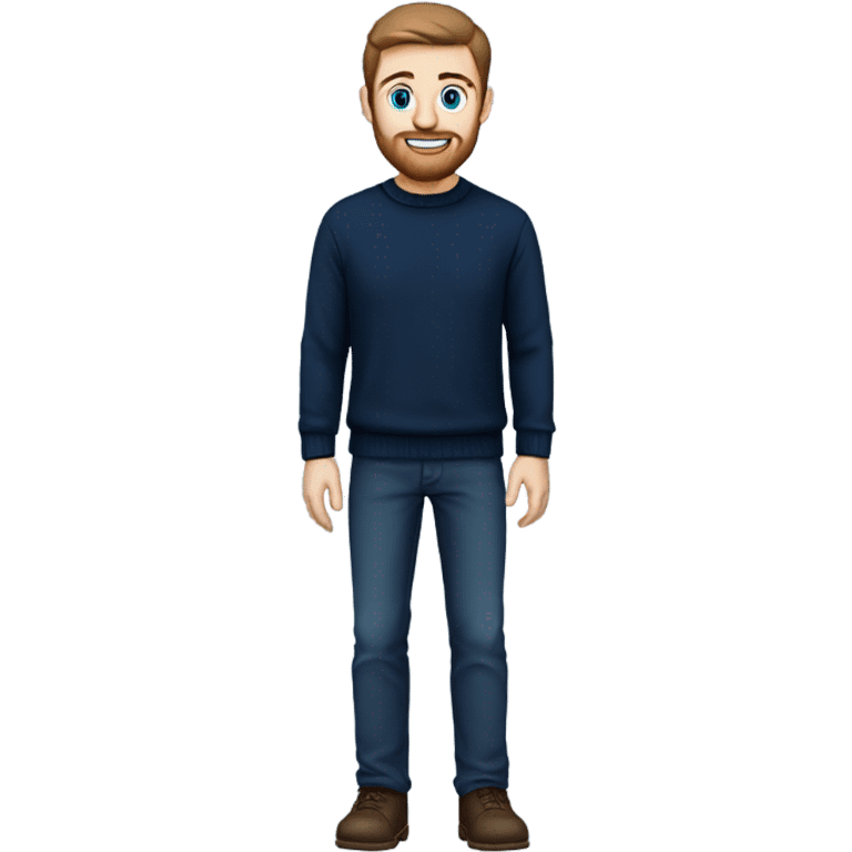 irish man blue eyes, brown short hair and short beard, wearing a smart navy blue jumper. full body. emoji