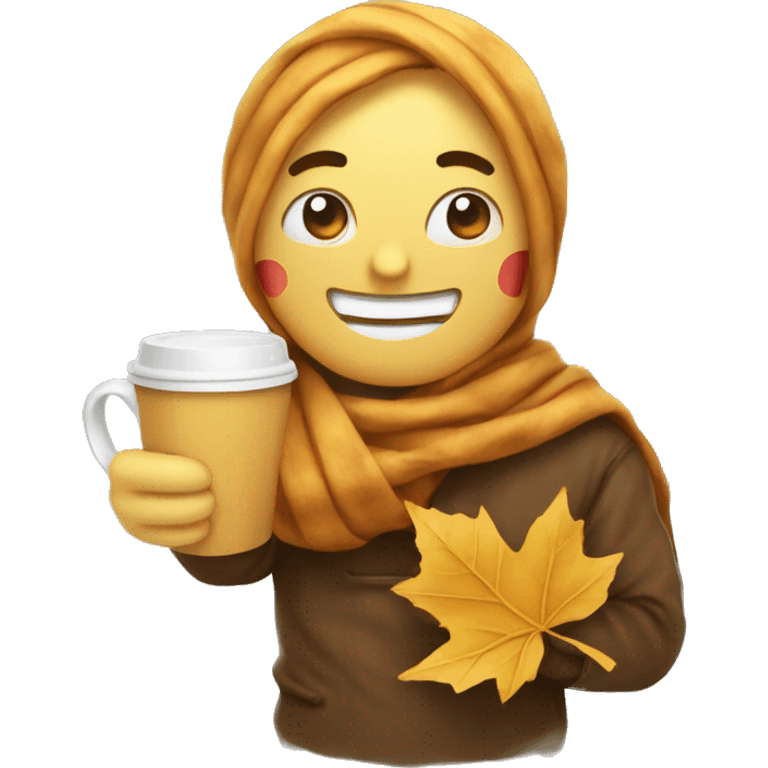 Smiling holding back tears emoji with scarf holding coffee and fall leaf emoji