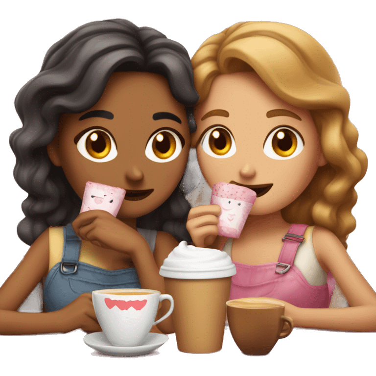 dos chicas de pelo café, durmiendo abrazadas con su gato café u corazones rosados flotando emoji