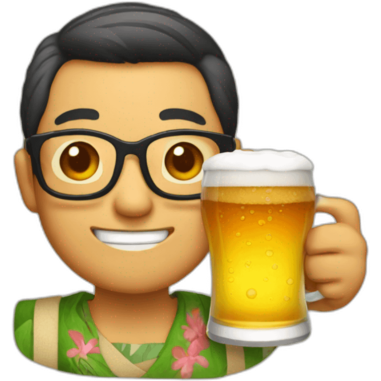 Japanese wearing glasses alohashirt is holding beer emoji