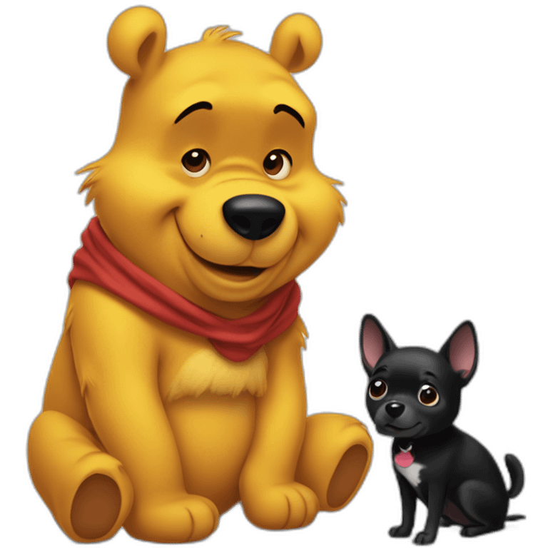 Winnie the Pooh with a black small dog who has a White spot on the stomach emoji