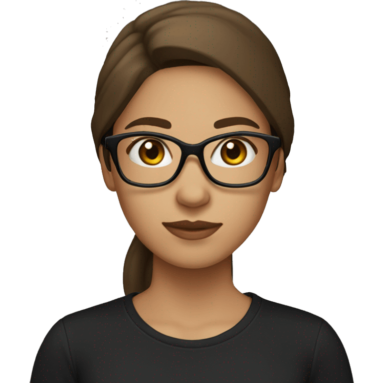 long brown hair girl straight , brown eyes, with glasses, light skin in black t shirt emoji