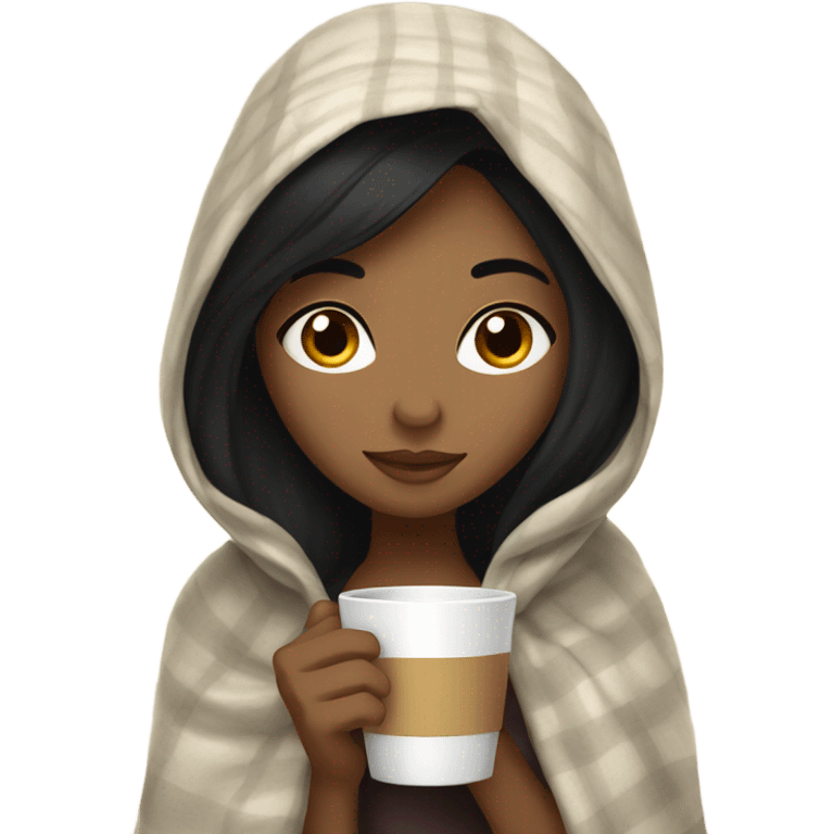 Girl with black hair and  blanket on her drinking coffee emoji