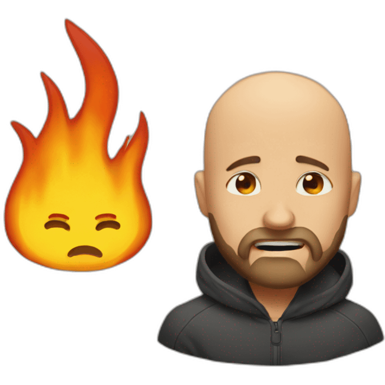 Bald man with beard crying next to fire emoji