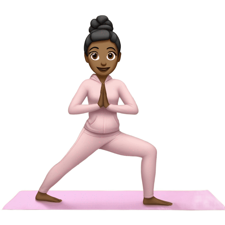 A girl in a yoga downward dog position, wearing light colored lululemon pink, long sleeve active jacket and gray lounge pants. Black hair tied in up in a scrunchie. She has a light pink yoga mat underneath her. She is light skin. A laptop nearby. emoji