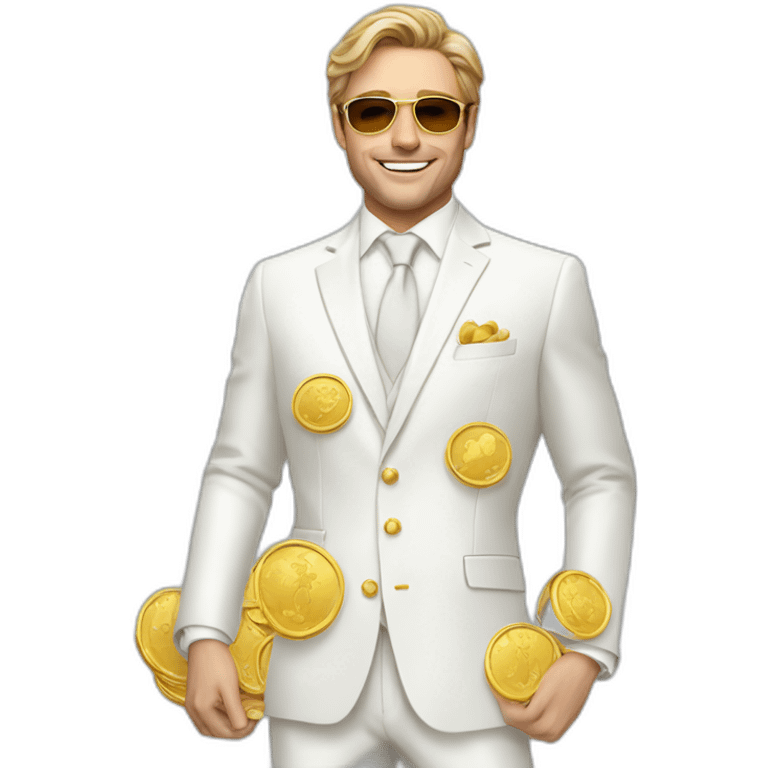 Posh-man-with-white-suit-holding-golden-coins emoji