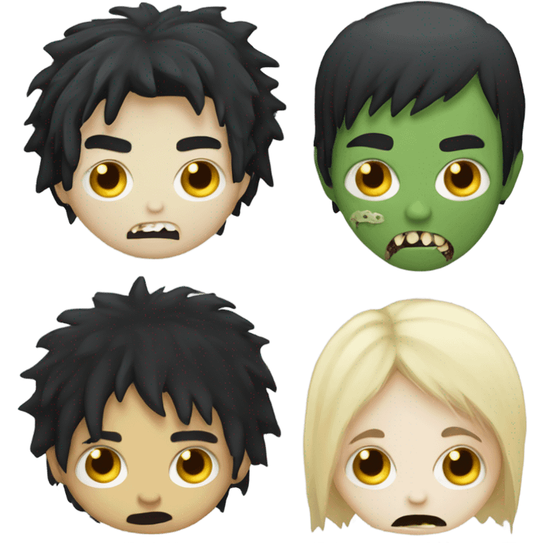 Boy, black hair, medium long, emo, shaggy, blonde highlights, zombie emoji, pale skin, creepy emoji