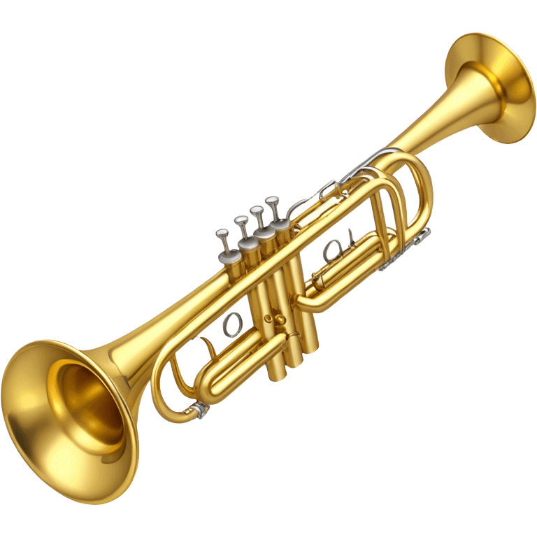 Create a sleek and professional emoji representing a trumpet. The design should feature the shiny brass or gold-plated body of the trumpet, with its distinct three valves and flared bell. Highlight the smooth tubing, and include small details like the tuning slides and valve caps. The trumpet should have a polished, gleaming appearance with reflective light effects to enhance its metallic texture. Add subtle musical notes or soundwaves floating around the trumpet to evoke the bright, bold sound it produces. Use gold, brass, and silver tones for the trumpet and its details. The background should be transparent. emoji