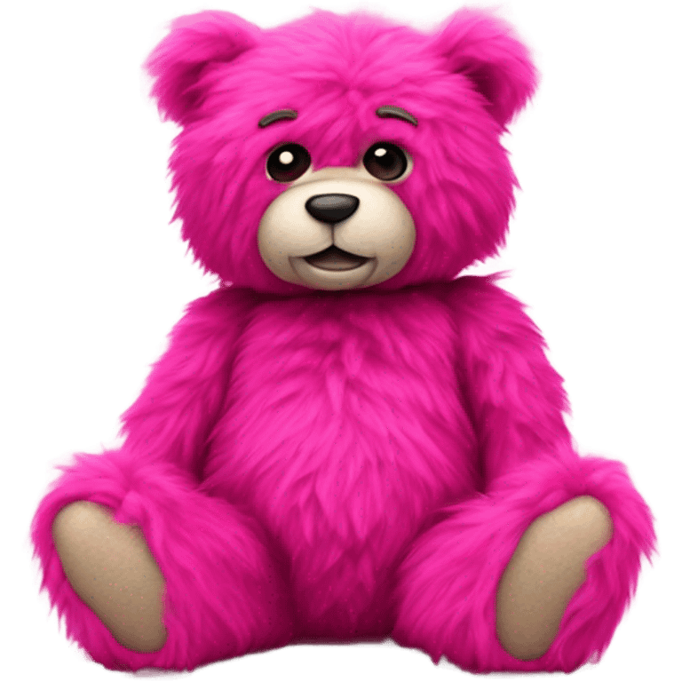 Realistic isolated big full length stuffed Teddy Bear made of long fluffy hot pink hair sitting up. emoji