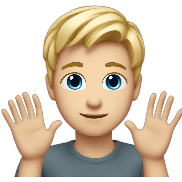 young blond man with gray-blue eyes makes a heart with his hands emoji