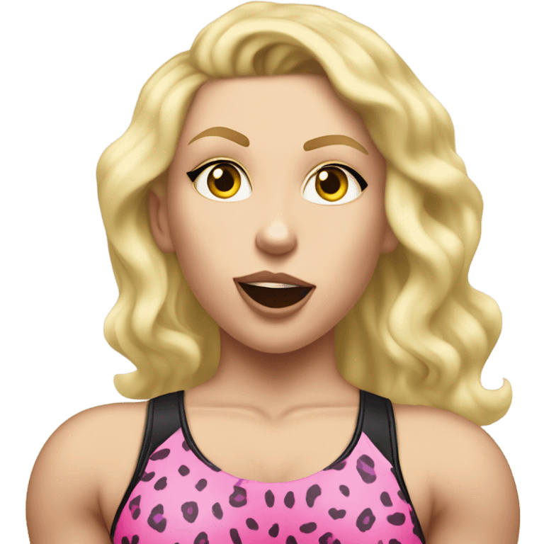 Tall blonde Caucasian muscular woman wrestler with teal eye shadow wearing a pink leopard print leotard blowing a kiss emoji