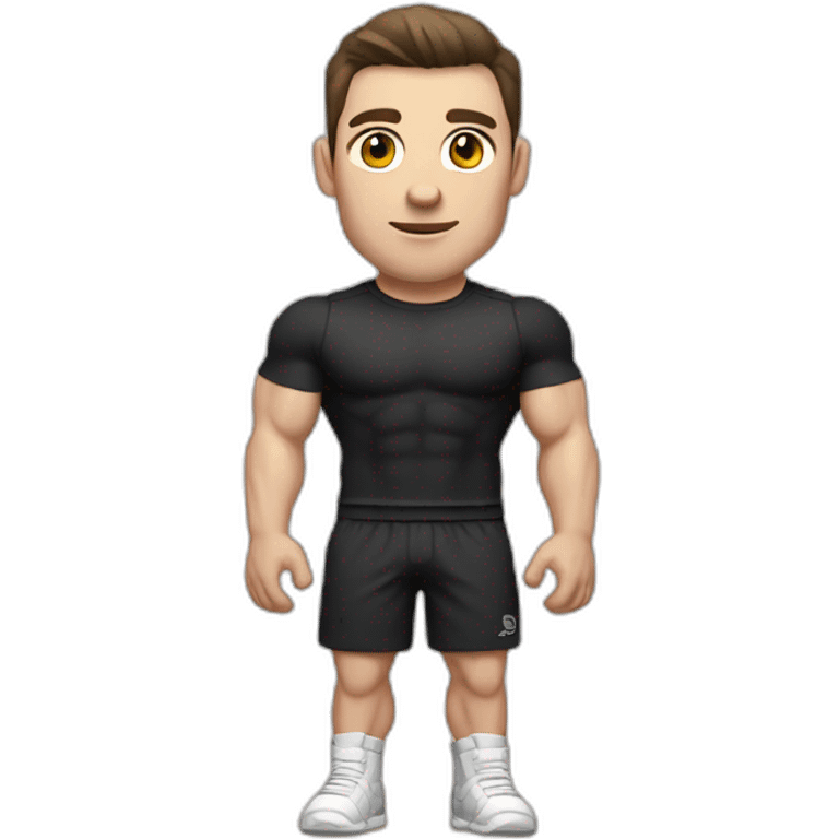 Pale skinned Fit Man With the biceps and dark brown hair in black shirt, gray sports shorts and white Sneakers emoji