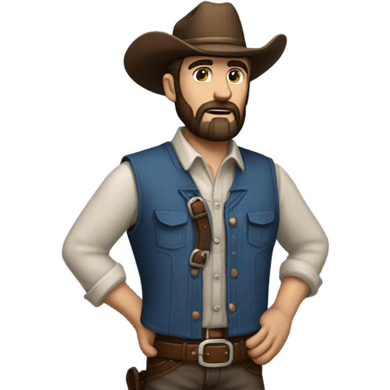 a rugged cowboy with a thick beard, wearing a blue vest over a classic western shirt and a brown belt with a silver buckle. He should have a confident stance, exuding a strong and adventurous frontier spirit. emoji