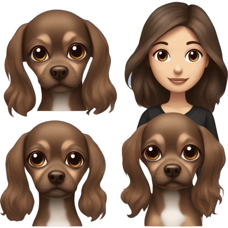 Pretty girl with long wavy brown hair, blue eyes, holding a black and brown short hair chihuahua emoji