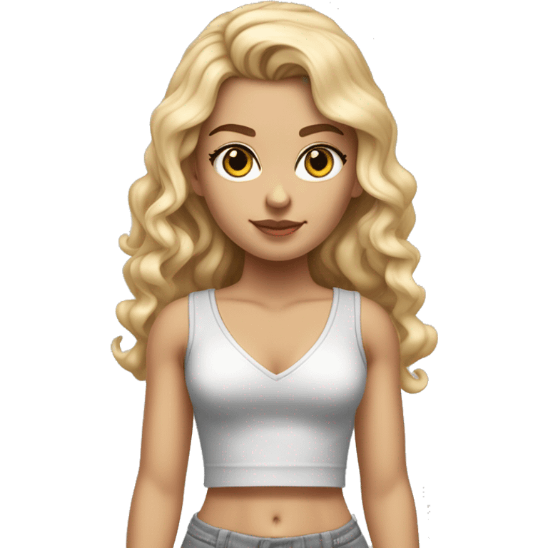 hyperrealistic caucasian blonde, long straight hair curled on ends falling in her eyes, white deep v-neck crop tanktop, gray tight mini skirt, walking body view emoji