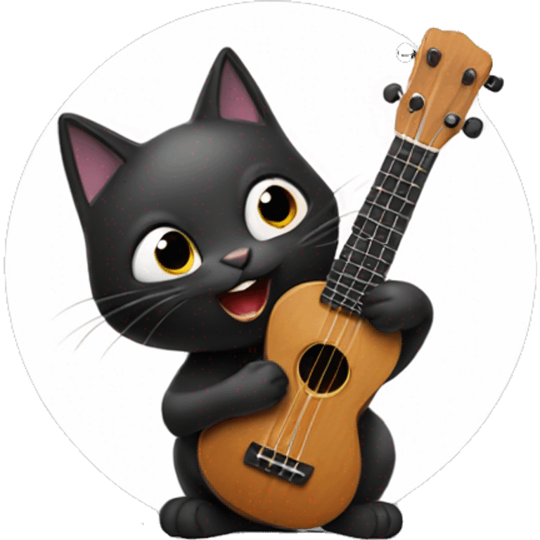 A black cat playing the ukulele white background emoji