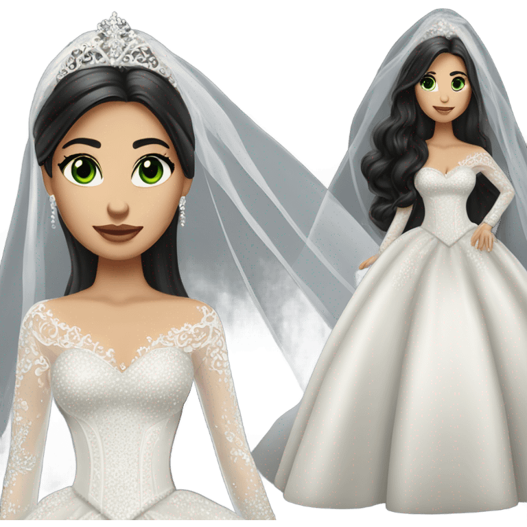 Hyper Realistic ornate ballgown long sleeve Wedding dress with diamanté on Russian bride with light skin and green eyes and long black hair with veil hyper realistic  emoji