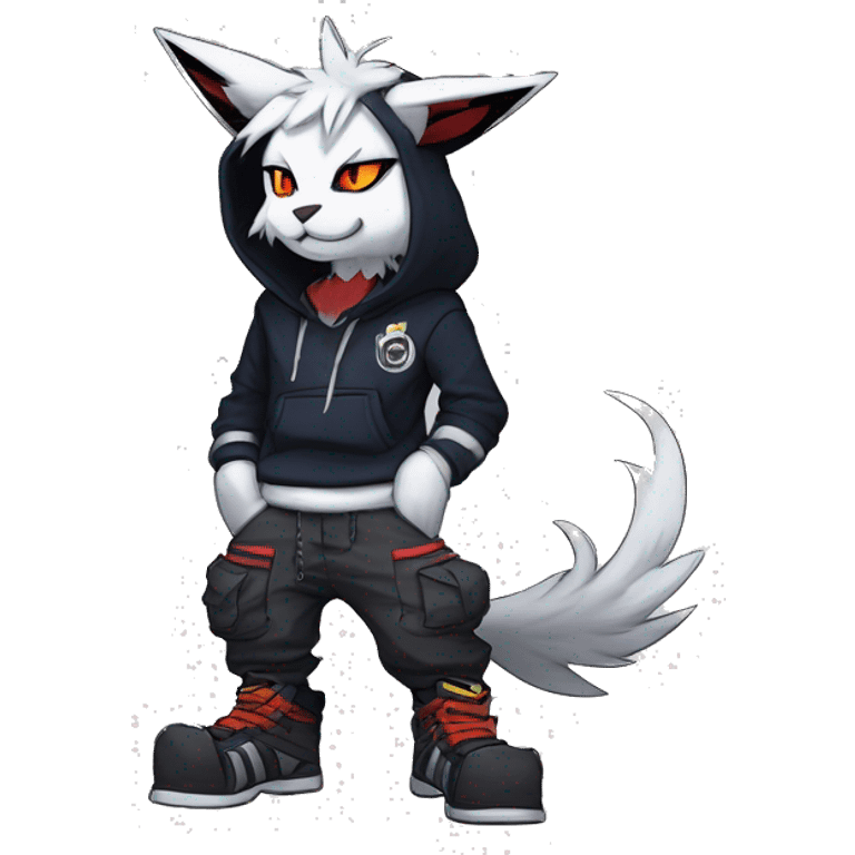 Cool Anthro Absol-Bat-Litten-Lynx-Pokémon with edgy stripes hoodie spiked collar punk techwear Cargo Pants Full Body emoji