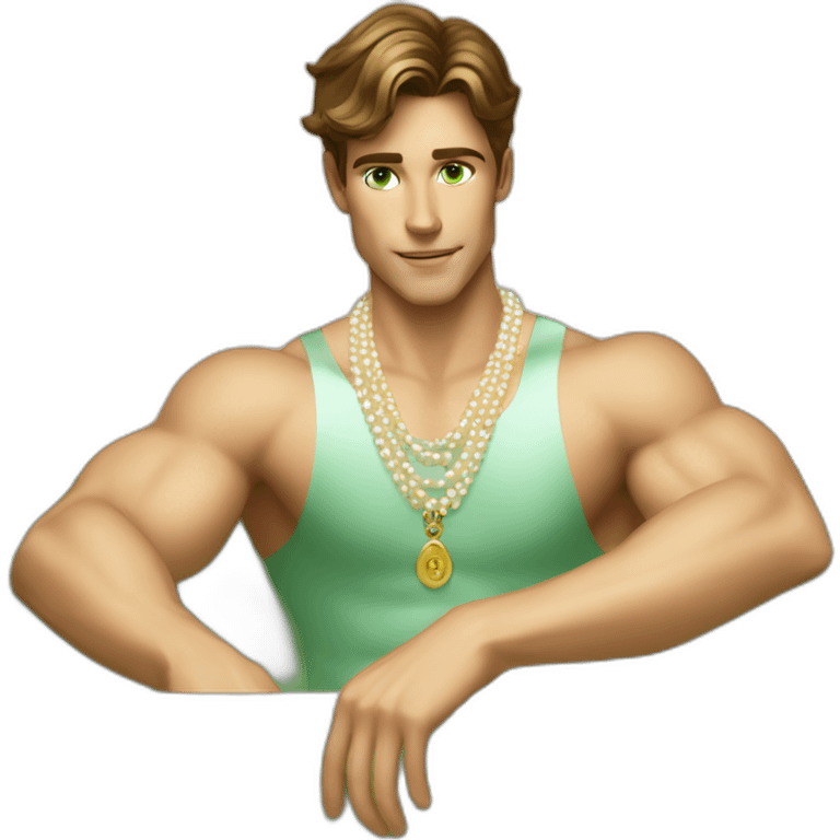 Posh-muscle-boy-brown-hair-green-eyes-pearl-necklace-in-golden-bathtub emoji