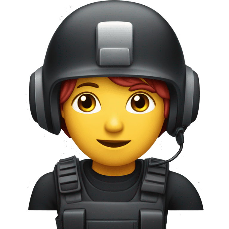 operator dressed in black with a milatary helmet, without glasses, wearing a headset, ready to respond to alerts, preferably red-haired female  emoji