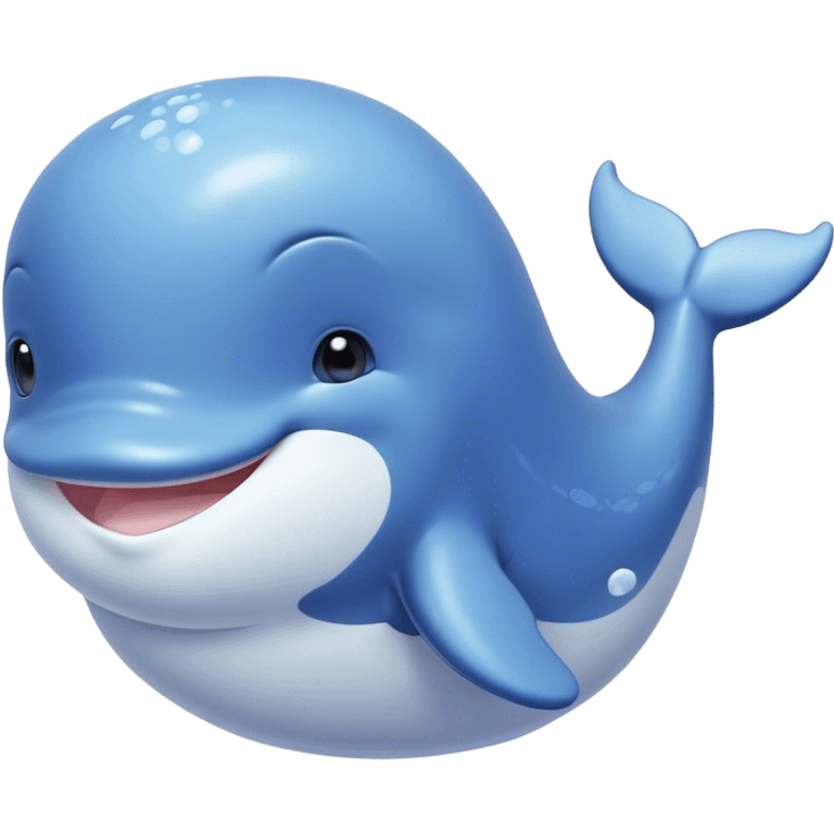 Cinematic happy baby whale, chubby rounded body, tiny smiling face, soft pastel blue hues, gentle glowing waves around, joyful and soothing. emoji